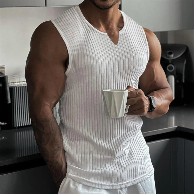2024 New Summer Men's V-neck Vest stripe Tank top