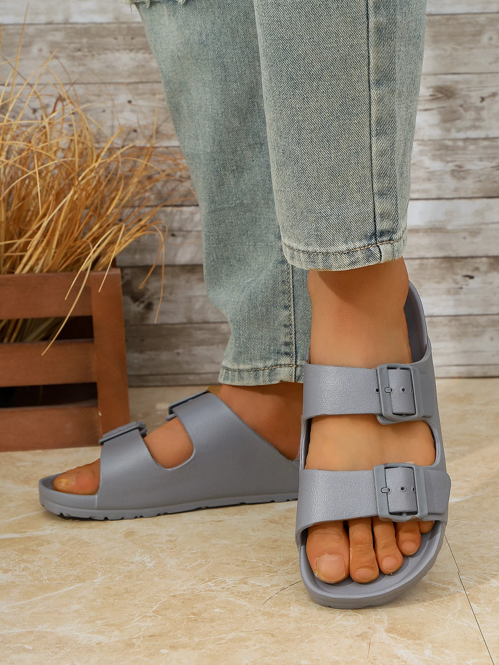 Men's Teen Mules New Summer Retro Casual Slip-On Slippers Molded Double-Strap Half-Slip Flat Slippers with Adjustable Buckle