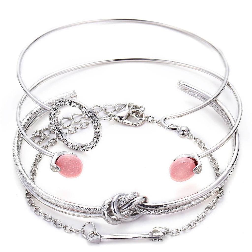 Bohemian Chain Bracelet Set, Gold Color, Thick Link Chain, Open Bangle Fashion Jewelry