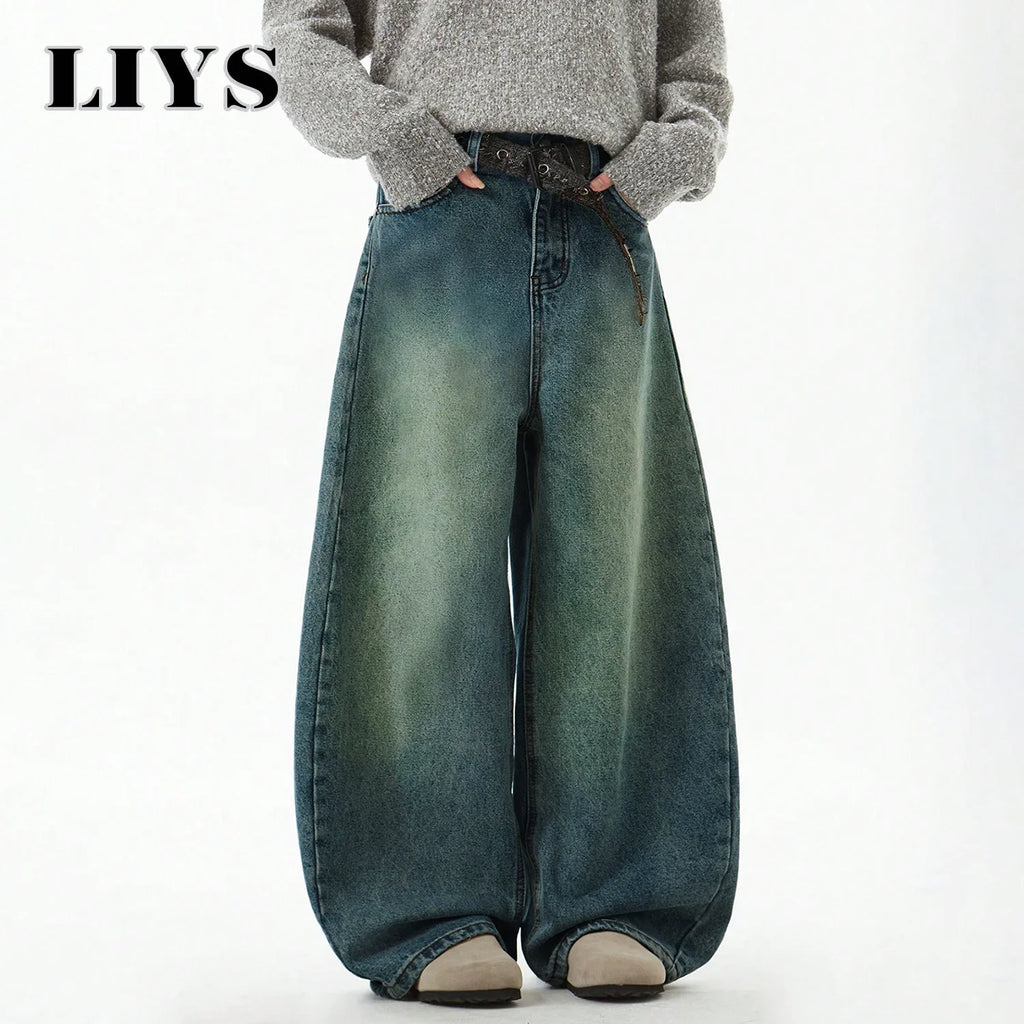 Men's Blue Wide-Leg Denim Baggy Jeans, Vintage Three-Dimensional Cut Curved Knife