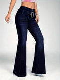 Women's Fashionable Dark Blue Wash Flared Jeans, with Decorative Strap Buckle, Stretch Slim Fit