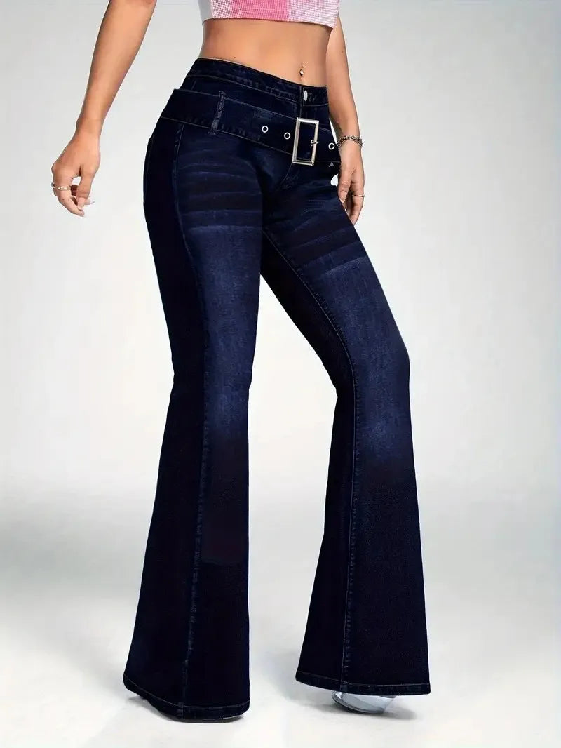 Women's Fashionable Dark Blue Wash Flared Jeans, with Decorative Strap Buckle, Stretch Slim Fit