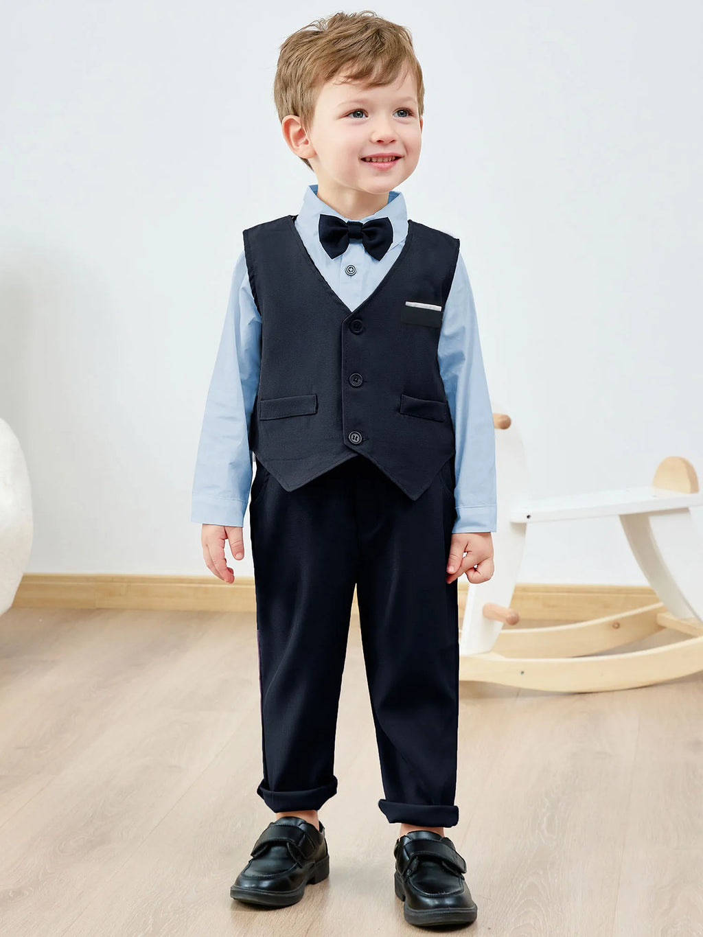 Toddler Boy Formal Wedding Outfit, Long Sleeve Shirt + Suspender Pants + Vest and Bowtie 1-5T