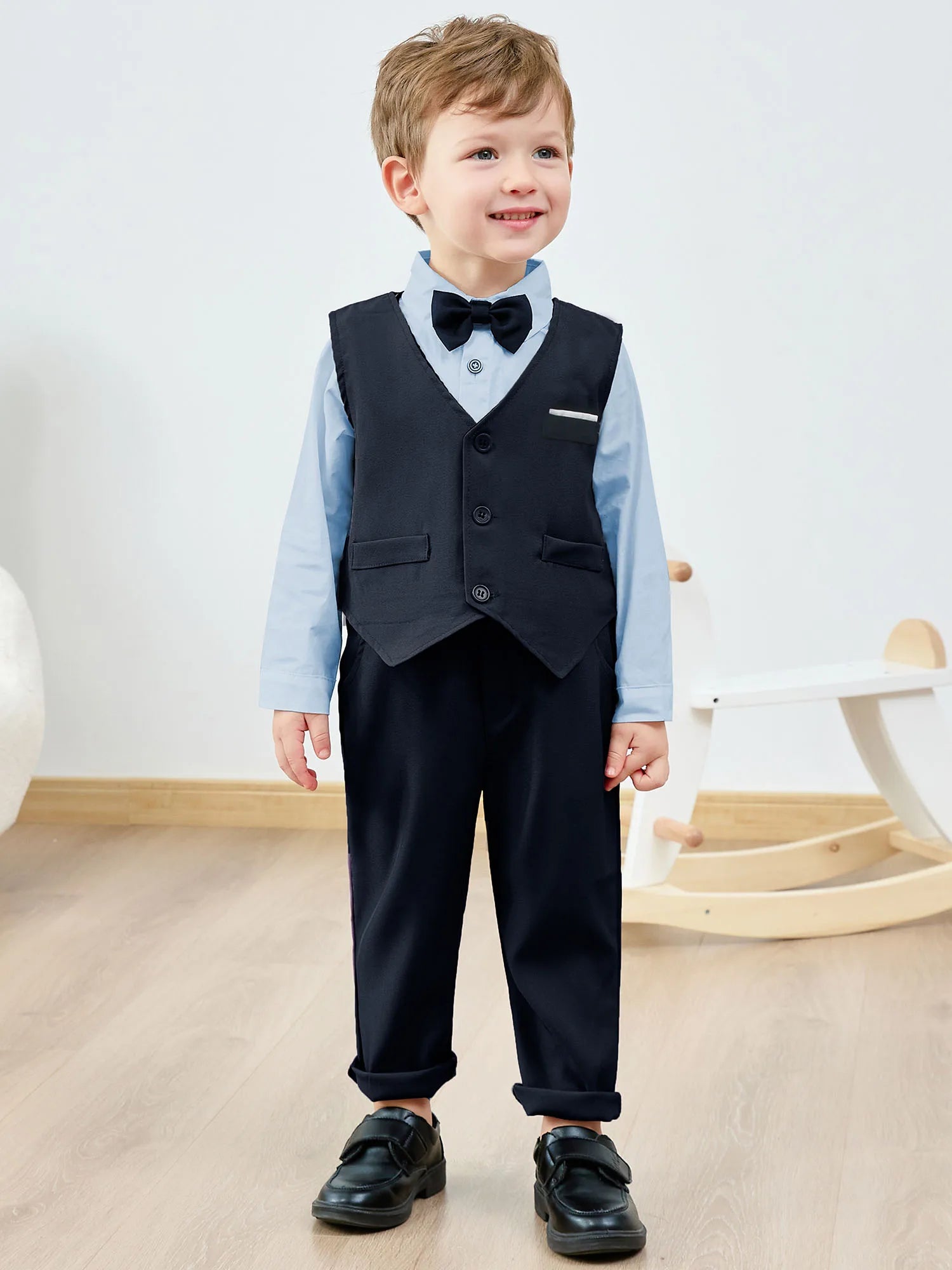 Toddler Boy Formal Wedding Outfit, Long Sleeve Shirt + Suspender Pants + Vest and Bowtie 1-5T
