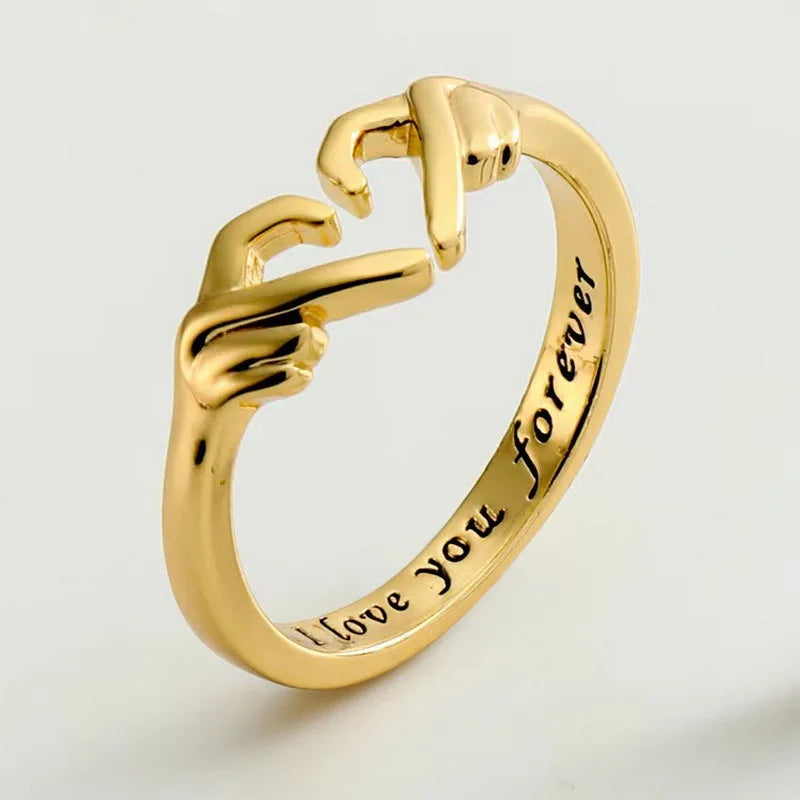 Romantic Heart Hand Hug Ring for Women and Men, I Love You Forever Couple Adjustable Ring
