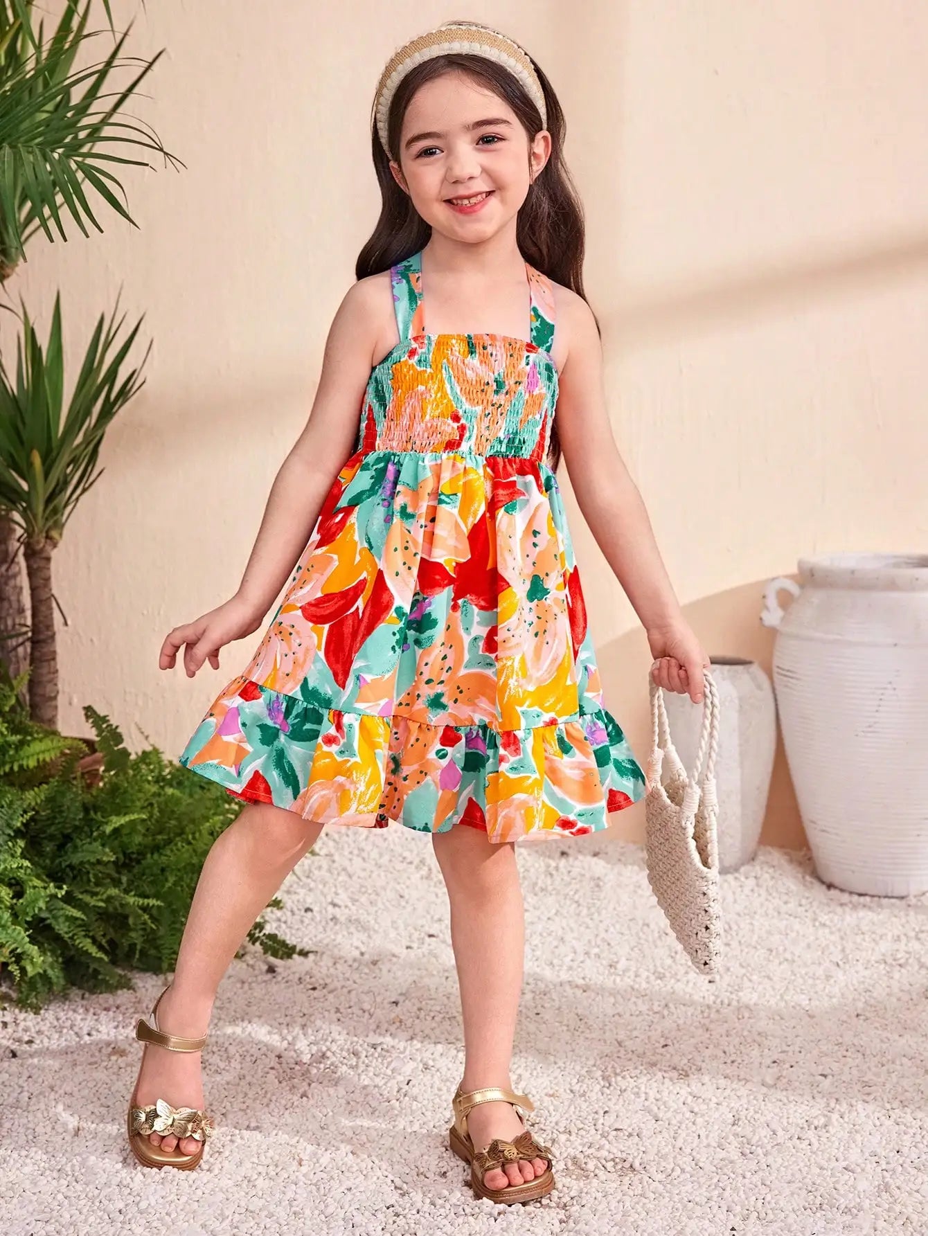 Girls Floral Print Tiered Dress with Cross-Back Bow & Elastic Waist for Summer