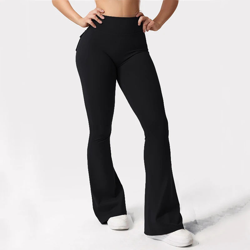 Women's Yoga Flare Trousers, High-Waisted Tummy-Control Wide-Leg with Pockets, Multi-Colors