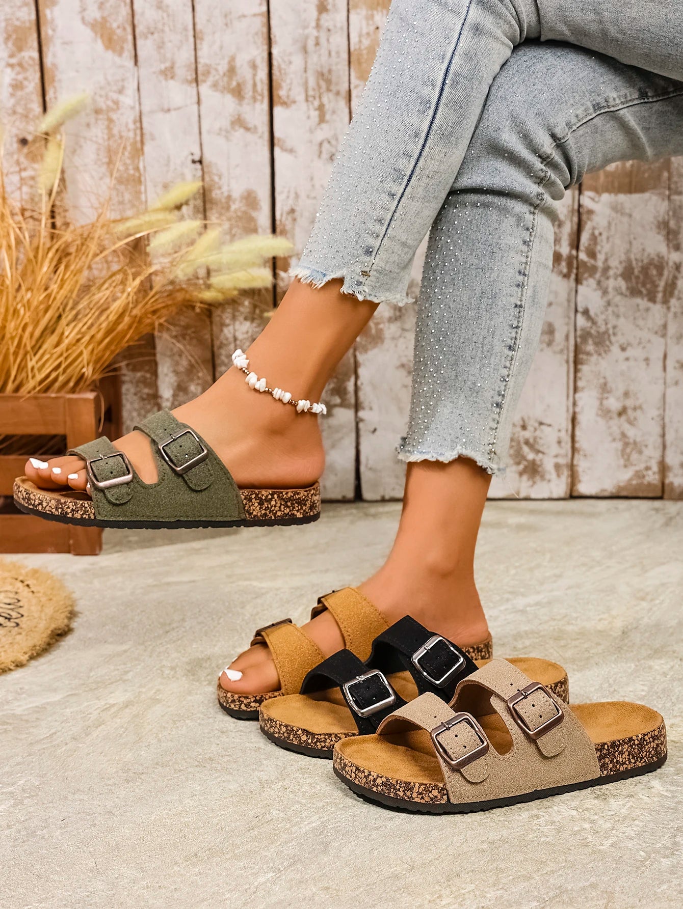 Women's Teen Mules Vintage Casual Slip-On Shoes Pu Upper Double Strap with Adjustable Buckle