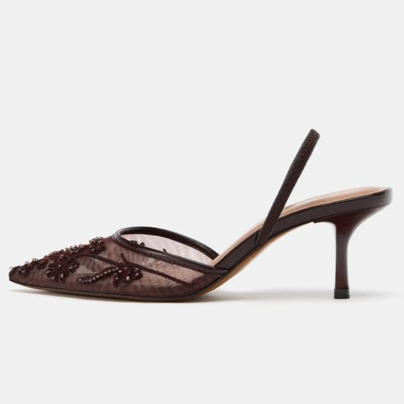 Brown String Bead Mesh Embroider Slingback High Heels Women Sexy Pointed Toe Heeled Sandals