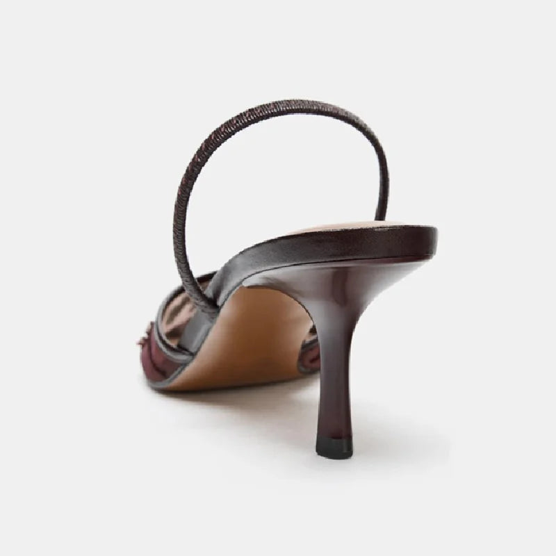 Brown String Bead Mesh Embroider Slingback High Heels Women Sexy Pointed Toe Heeled Sandals