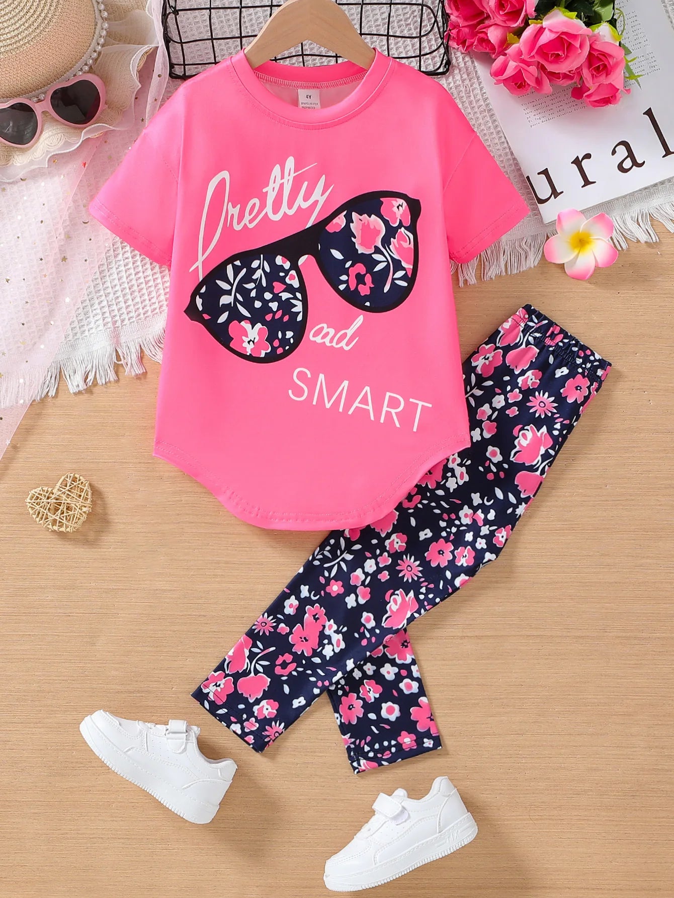 Girls 2pc Clothing Set Cotton Short Sleeve Top & Pants, 4-7yrs