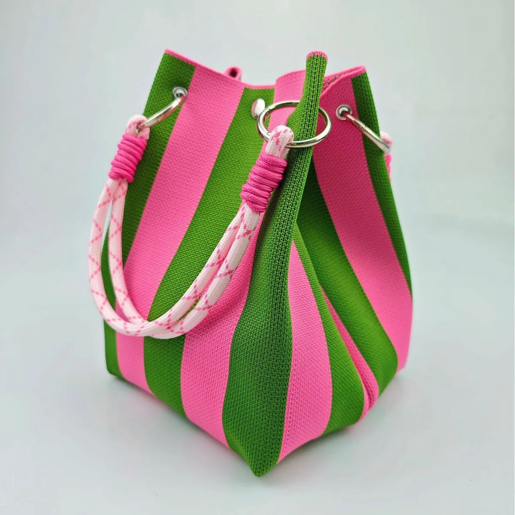 Colorful Stripe Handbag, Large Capacity, Bucket Rope Knot, Soft Polyester Lining, Mobile Phone Bag