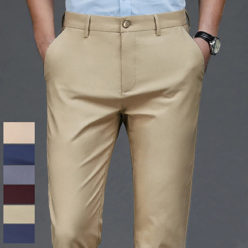 Male Stretch Solid Black Casual Trousers, in Various Colors