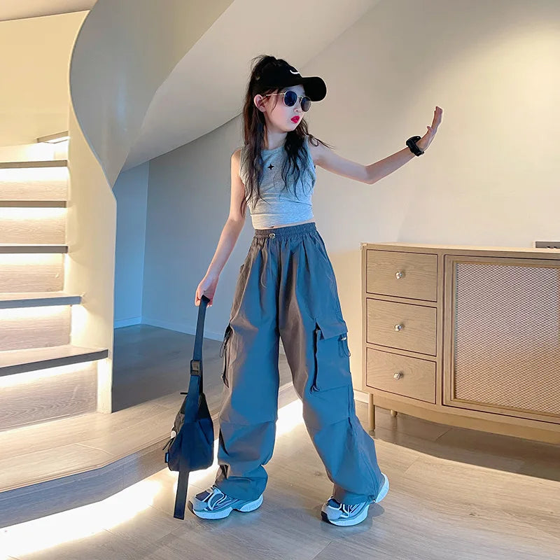 New Summer Streetwear Cargo Pants for Teenage Girls, Baggy Wide Leg