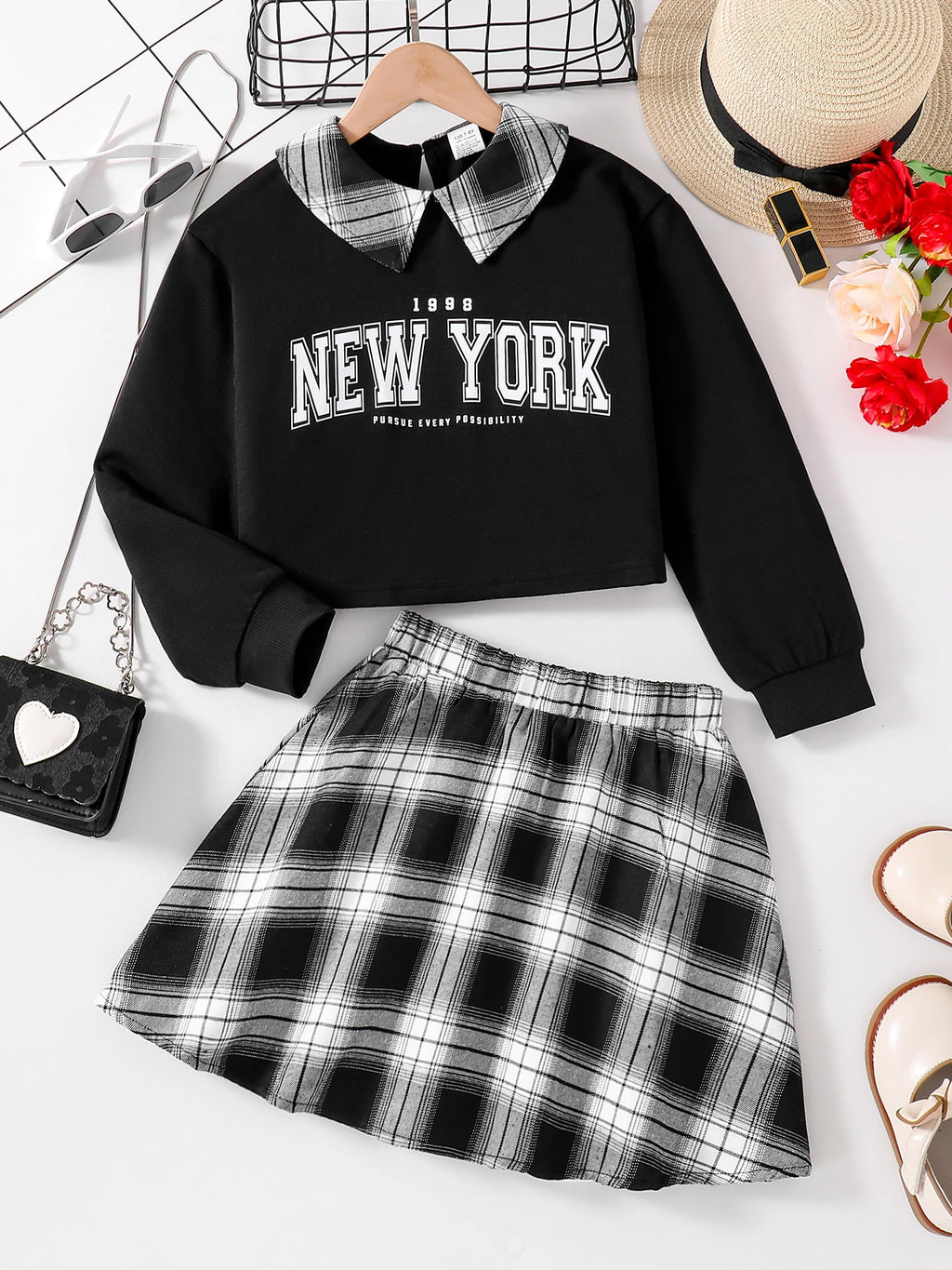 Girls New Fashion 2-Piece Set, Long-Sleeved Letter Print Shirt, Plaid Skirt