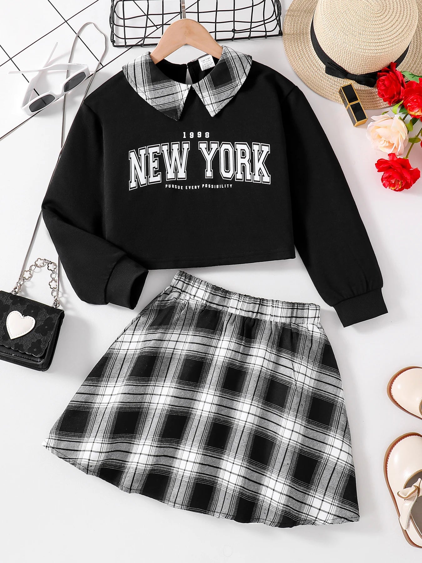 Girls New Fashion 2-Piece Set, Long-Sleeved Letter Print Shirt, Plaid Skirt
