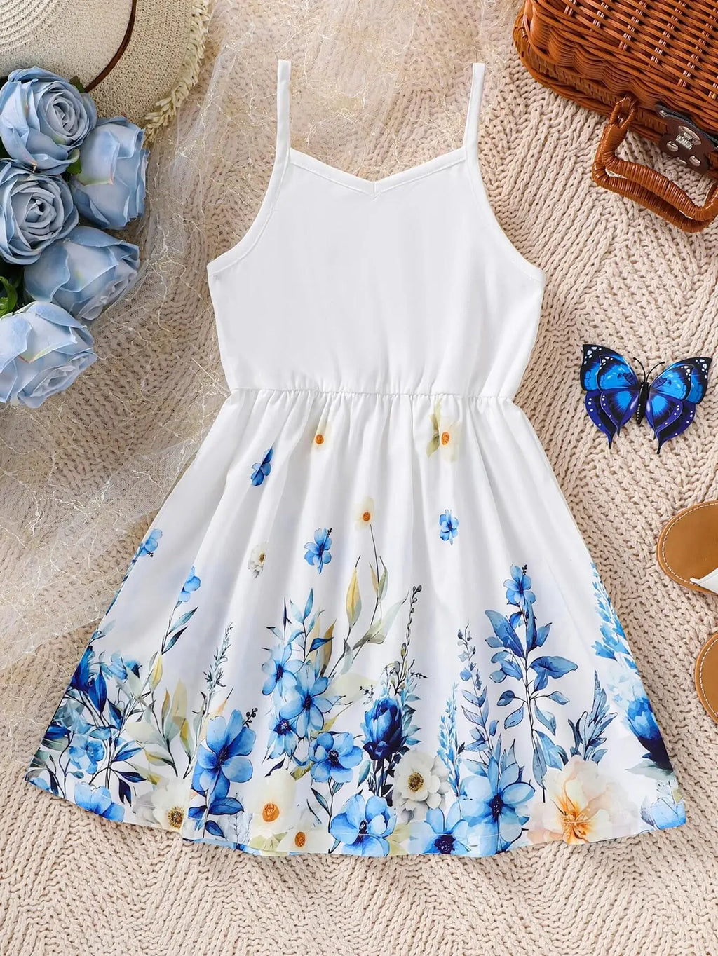 Girl's New Sling Dress Flower Print Dresses, Comfortable, 4-7 Years