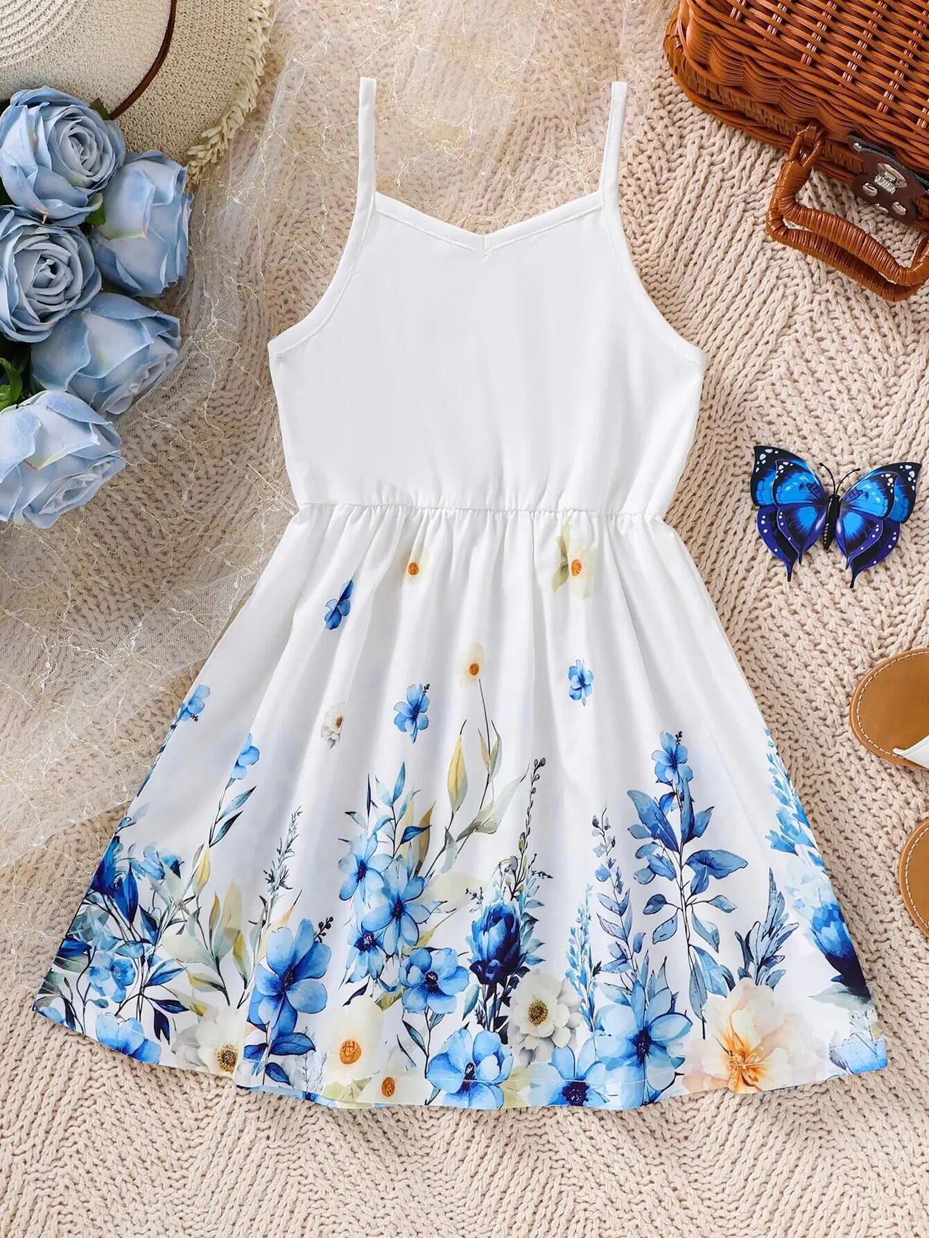Girl's New Sling Dress Flower Print Dresses, Comfortable, 4-7 Years
