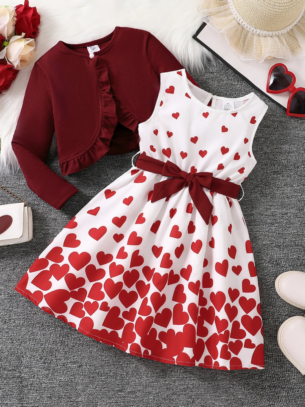 Girl Fashion Casual Pink Floral Dress 2pc Set- Pink Round Neck Vest