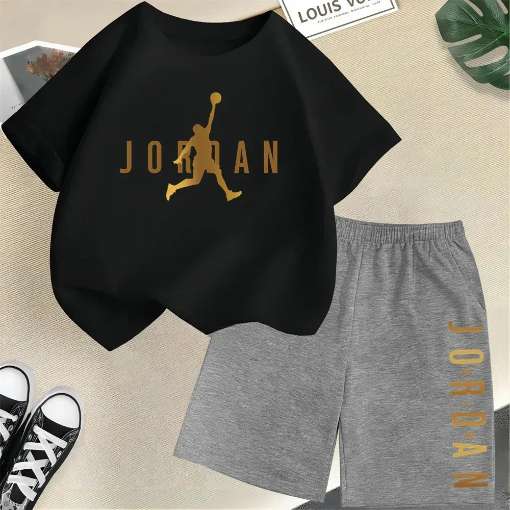 Children's 2Pc Fashion Summer Short Sleeve Set, Slam Dunk Master Pattern Print