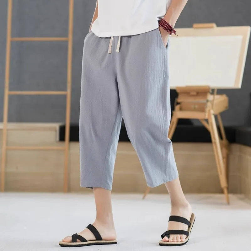 2025 new summer men's casual imitation linen seven quarter pants, thin solid color cut pants, fashionable hip-hop street sports