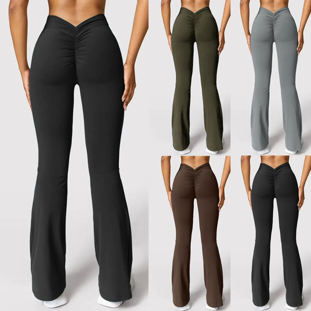 Fashion flared women's V back waist sports pants high waist buttocks, solid colors