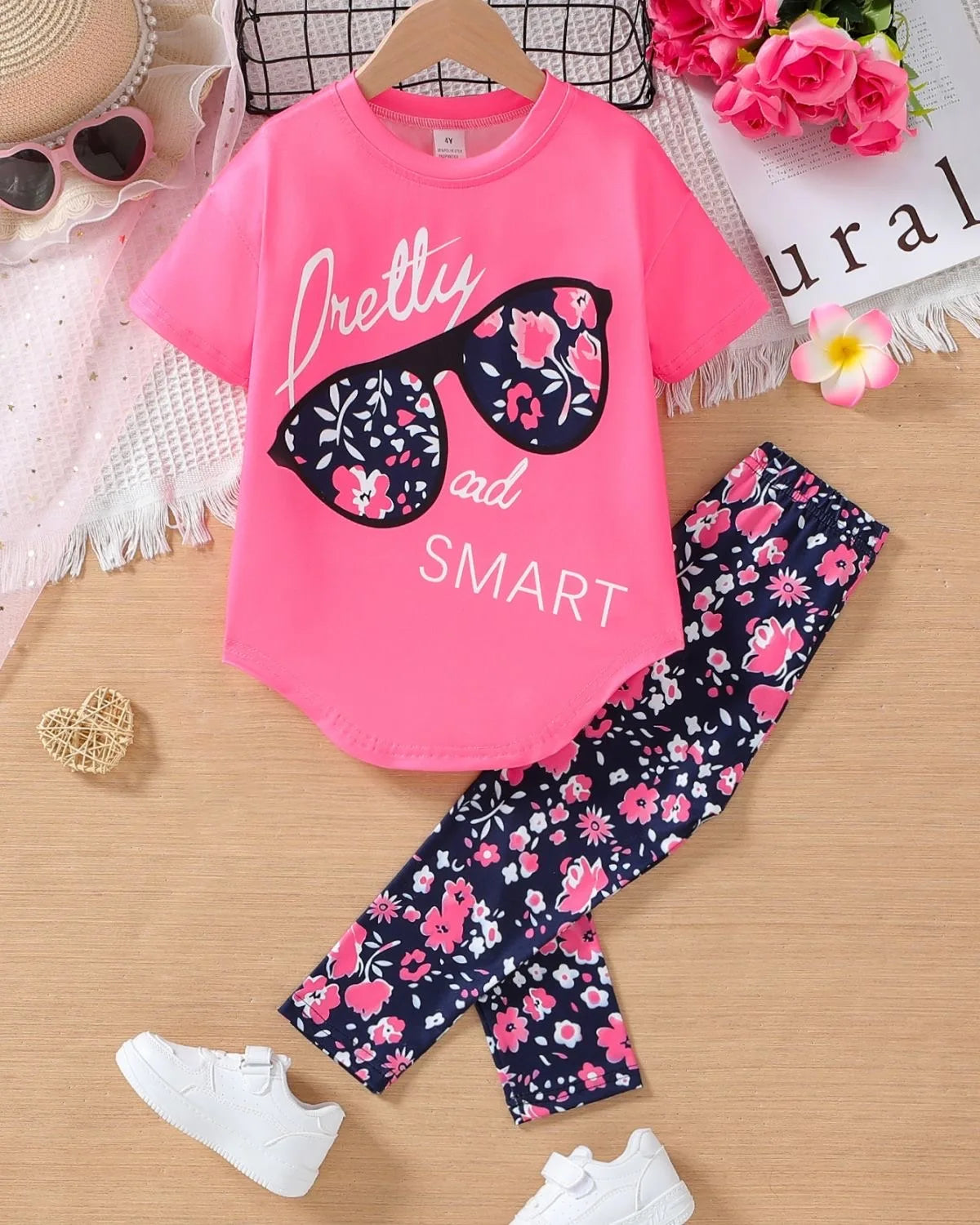 Girls 2pc Clothing Set Cotton Short Sleeve Top & Pants, 4-7yrs