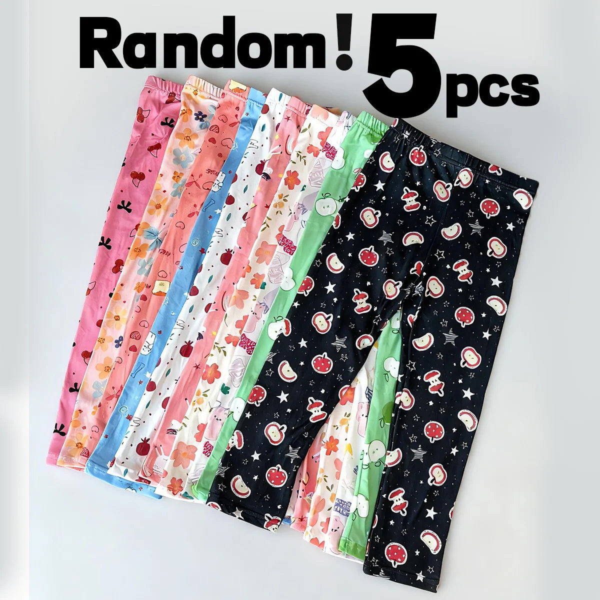 Random Pack of 5 Girls' Printed Leggings that Can Be Worn as Outerwear, Comfortable Pants