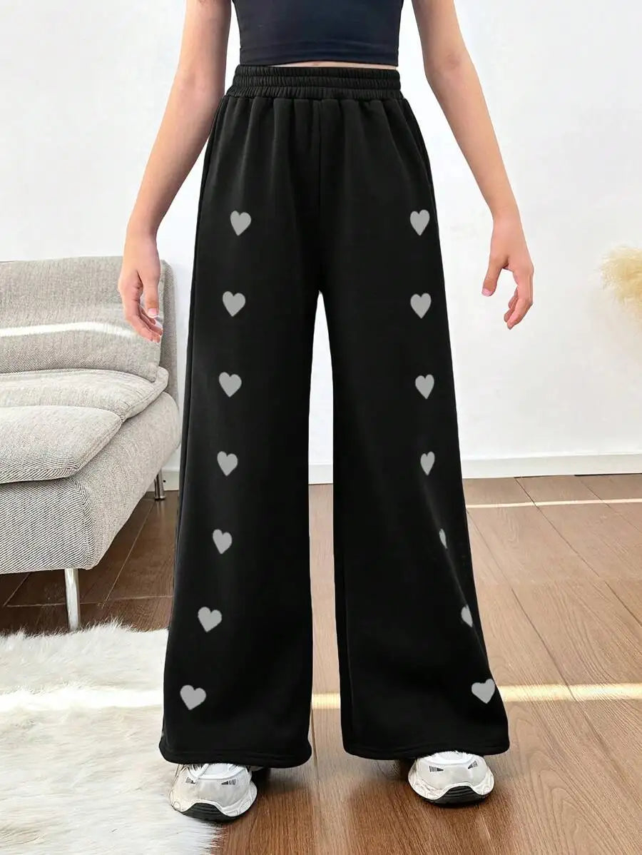 Gray Wide-Leg Sweatpants with Black Heart Print for Girls