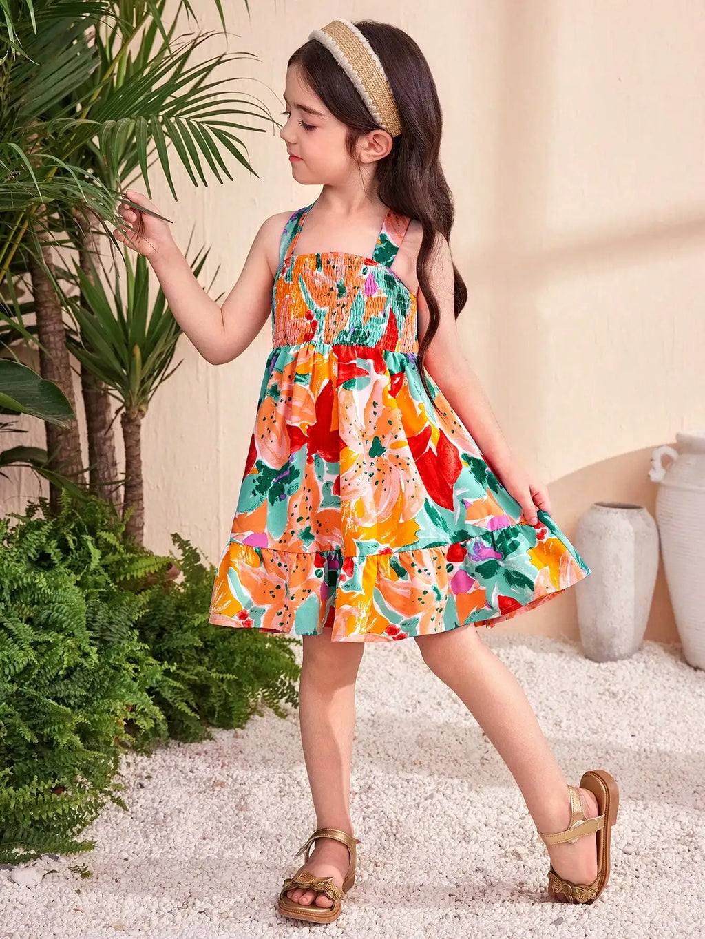 Girls Floral Print Tiered Dress with Cross-Back Bow & Elastic Waist for Summer