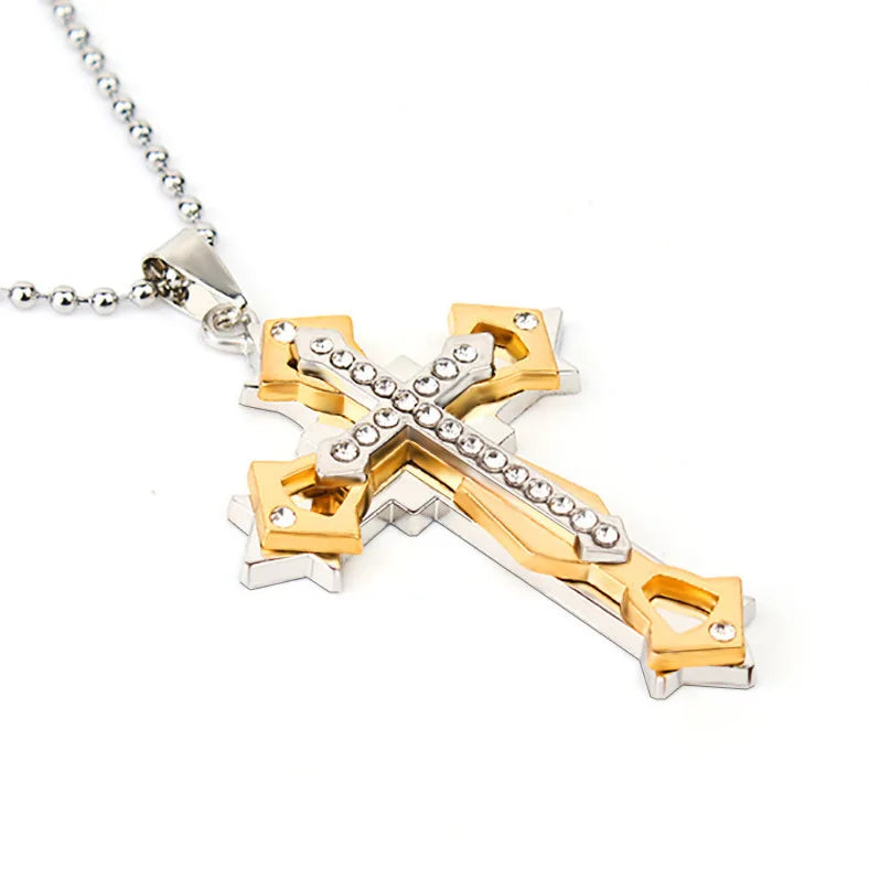 2025 Ins New Cross Pendant Necklace, Zircon Black Gold Color Stainless Steel Chain