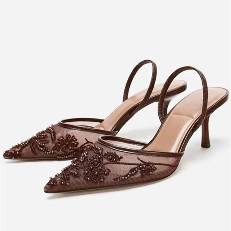 Brown String Bead Mesh Embroider Slingback High Heels Women Sexy Pointed Toe Heeled Sandals