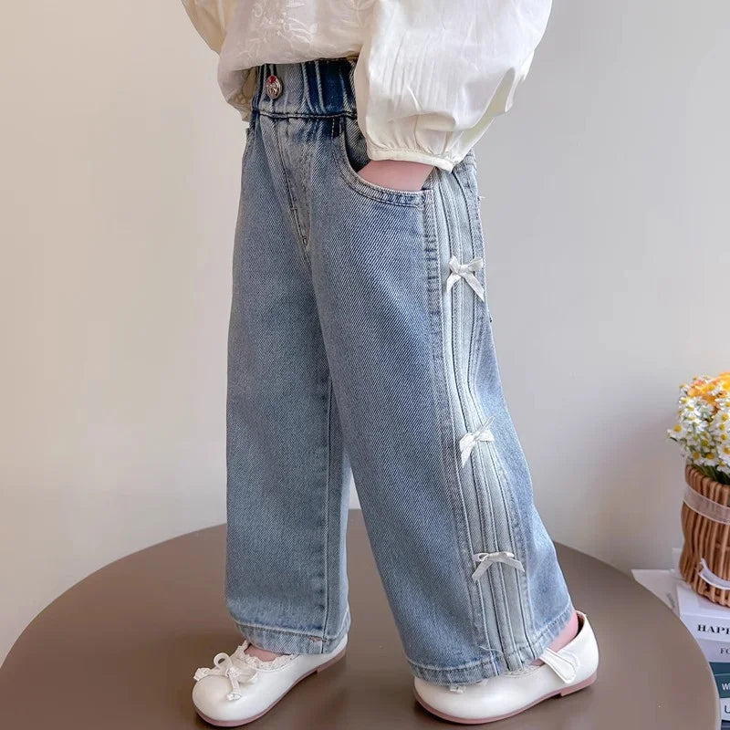 Girls New 2025 Bow Jeans, Wide-Leg, Loose long Pants