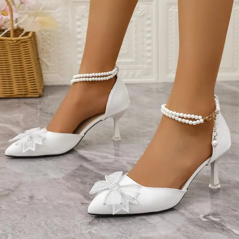 Elegant Pearl Chain Ankle Strap Pumps, Pointed Toe High Heel