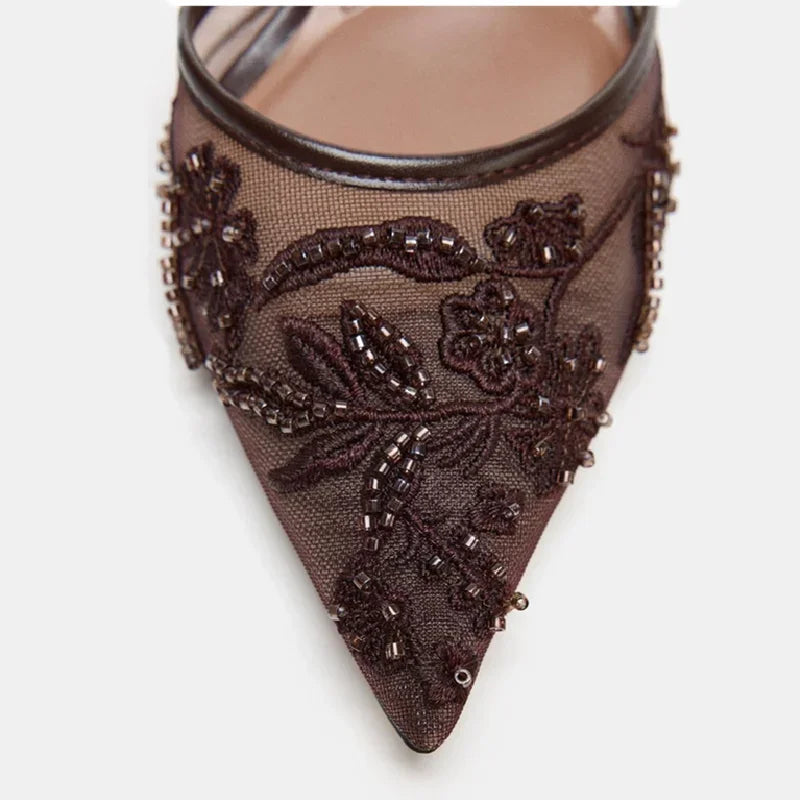 Brown String Bead Mesh Embroider Slingback High Heels Women Sexy Pointed Toe Heeled Sandals