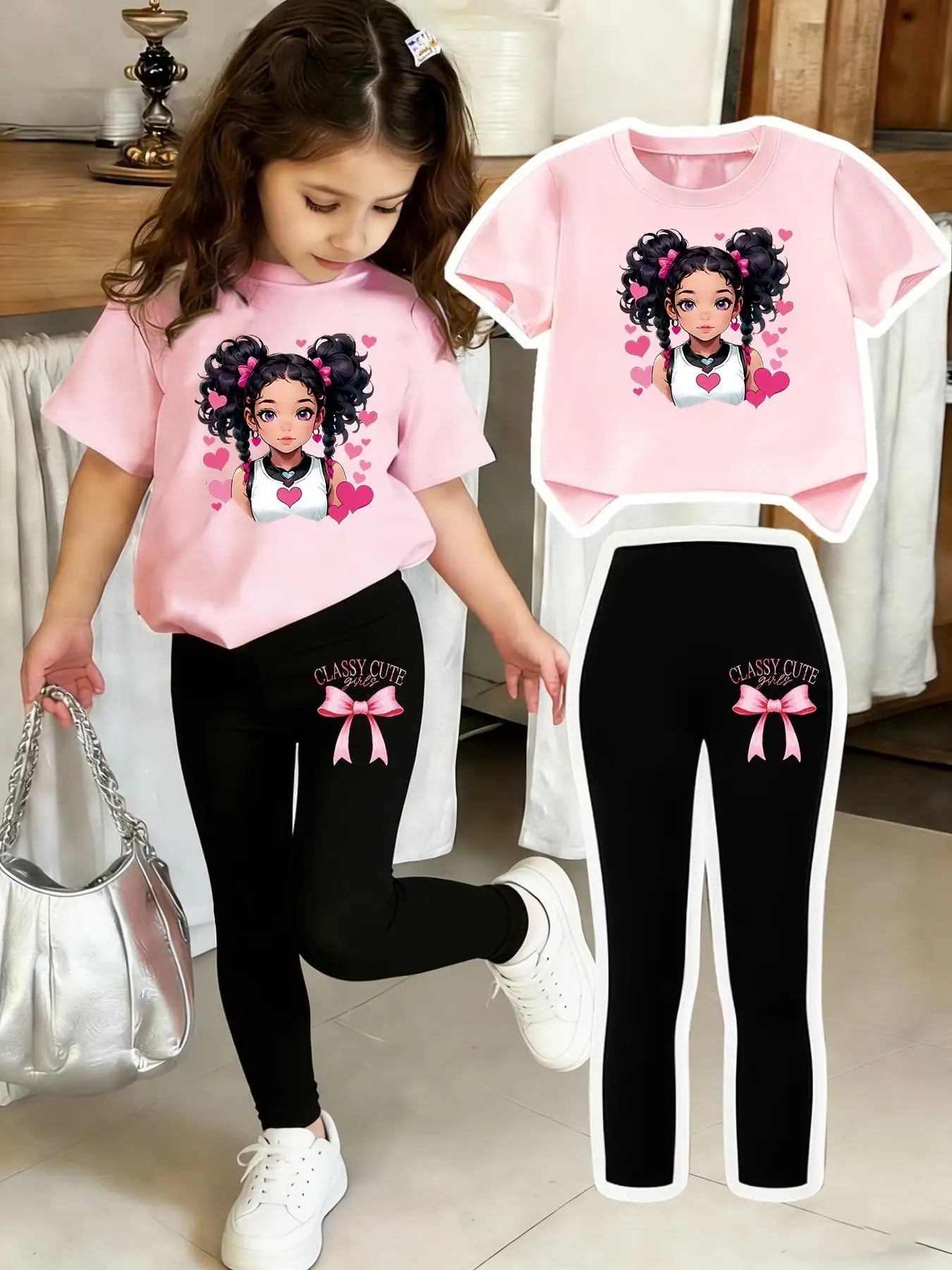 Girls' Two-Piece Set with Bow Print Pants and Printed Top, Suitable for 4-12 Yr