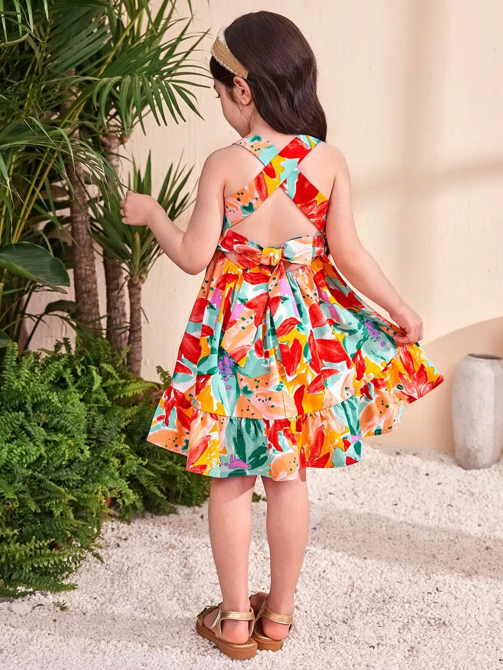 Girls Floral Print Tiered Dress with Cross-Back Bow & Elastic Waist for Summer