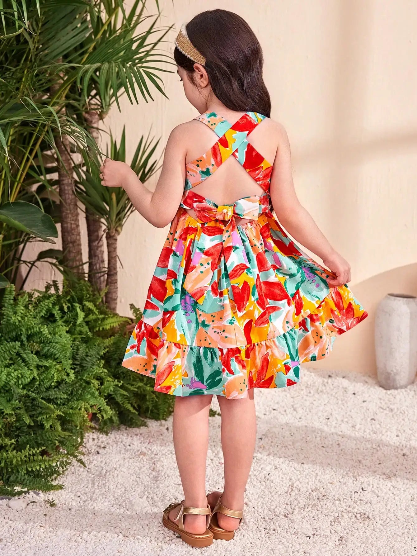 Girls Floral Print Tiered Dress with Cross-Back Bow & Elastic Waist for Summer