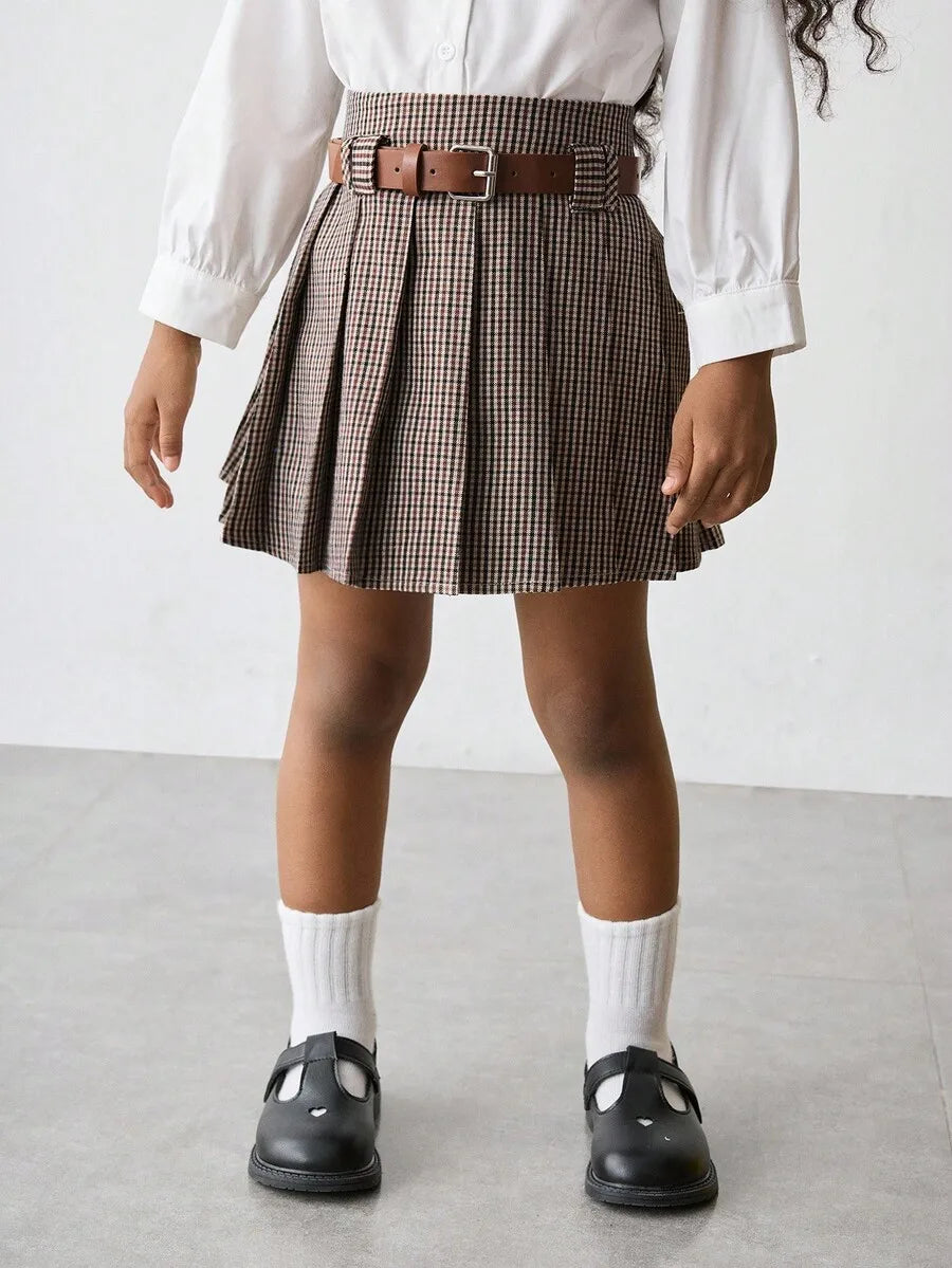 Girls Plaid Pleated Mini Skirt with Belt - Classic Checkered Design