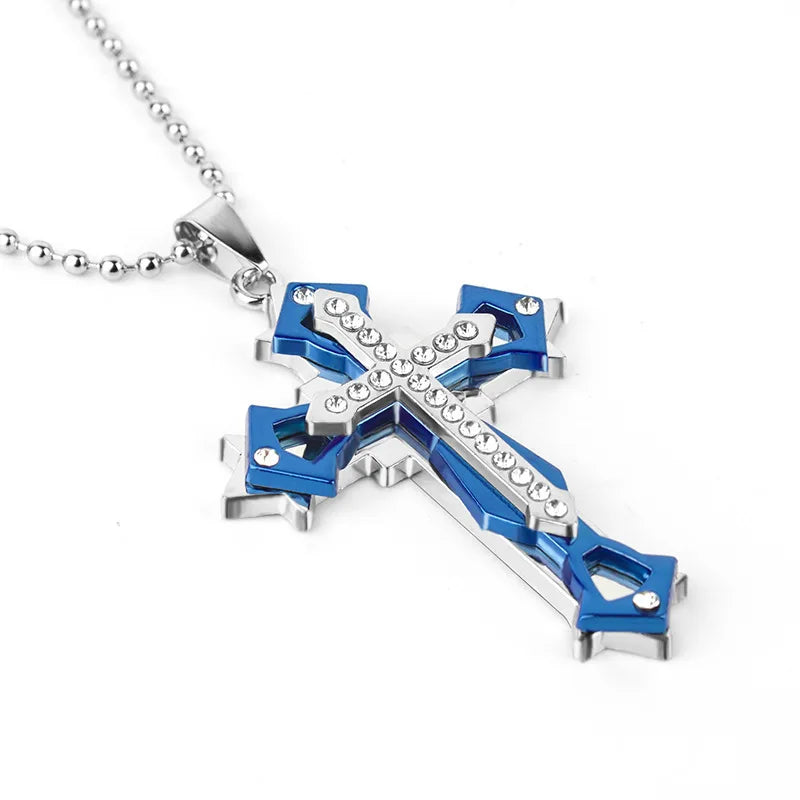 2025 Ins New Cross Pendant Necklace, Zircon Black Gold Color Stainless Steel Chain