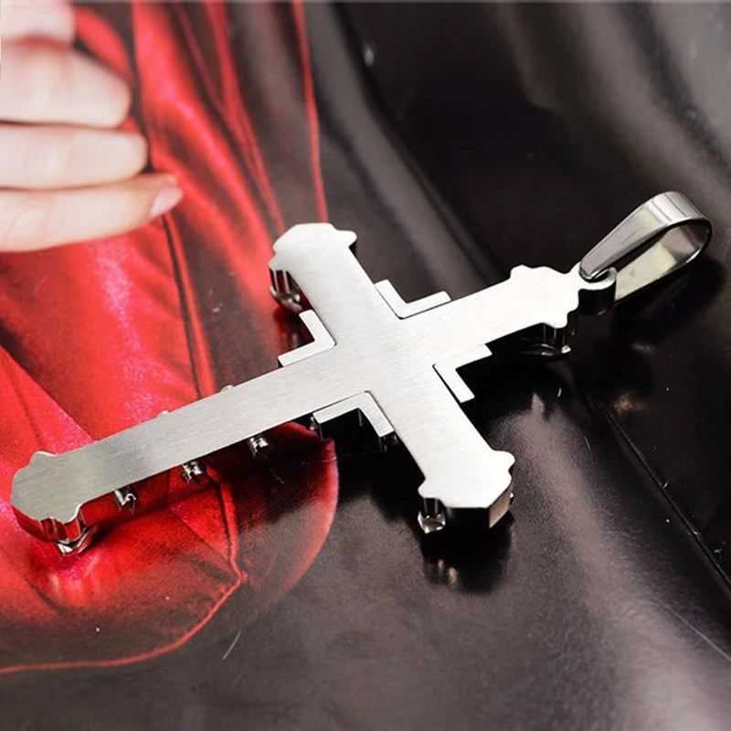 2025 Ins New Cross Pendant Necklace, Zircon Black Gold Color Stainless Steel Chain