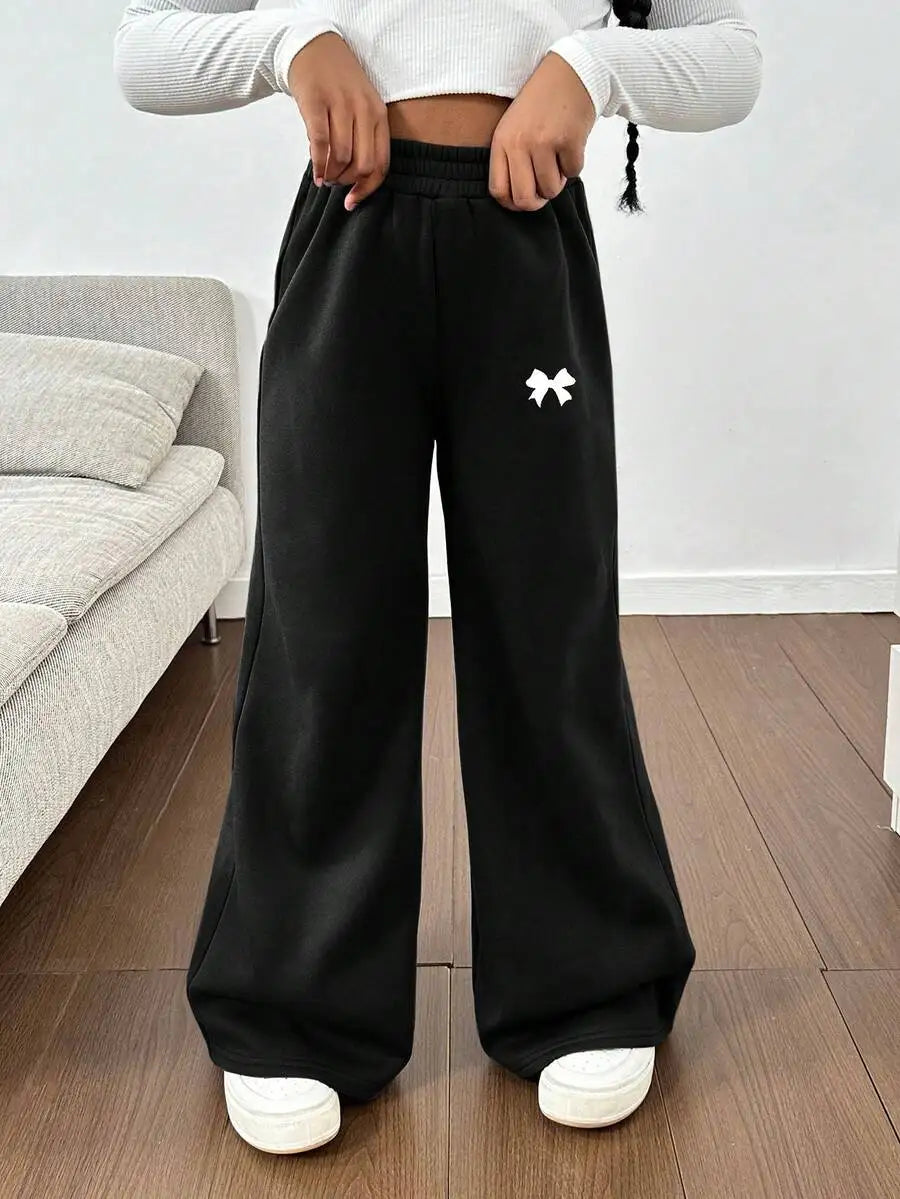 Gray Wide-Leg Sweatpants with Black Heart Print for Girls