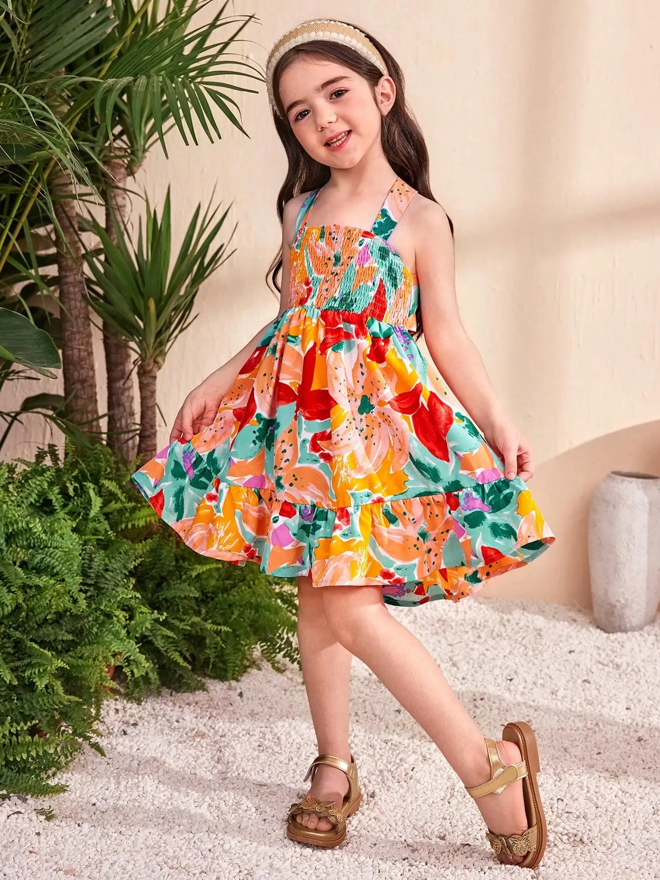 Girls Floral Print Tiered Dress with Cross-Back Bow & Elastic Waist for Summer