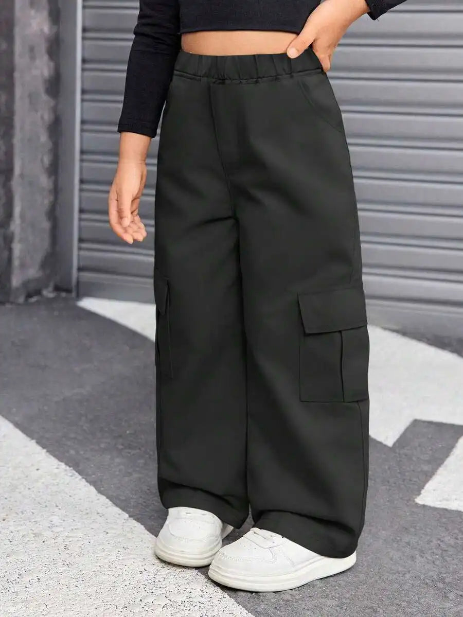 Loose Fit Cargo, Streetwear Style Wide Leg Trousers in Khaki & Black