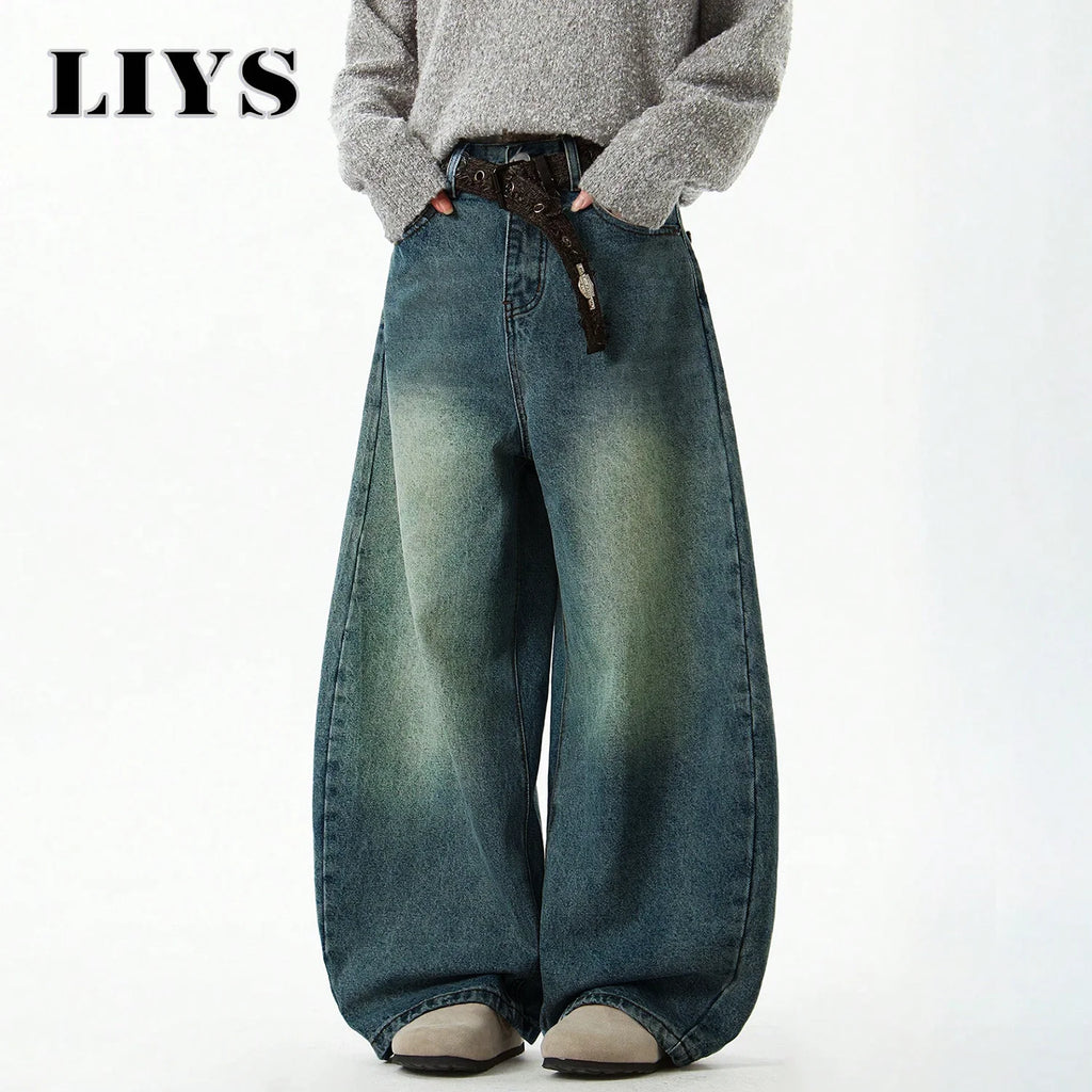 Men's Blue Wide-Leg Denim Baggy Jeans, Vintage Three-Dimensional Cut Curved Knife