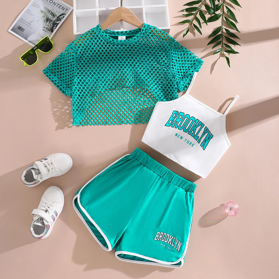 Girls' fashion 3-piece set, cool and breathable mesh short sleeved T-shirt, Letter Print & Shorts