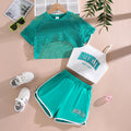 Girls' fashion 3-piece set, cool and breathable mesh short sleeved T-shirt, Letter Print & Shorts