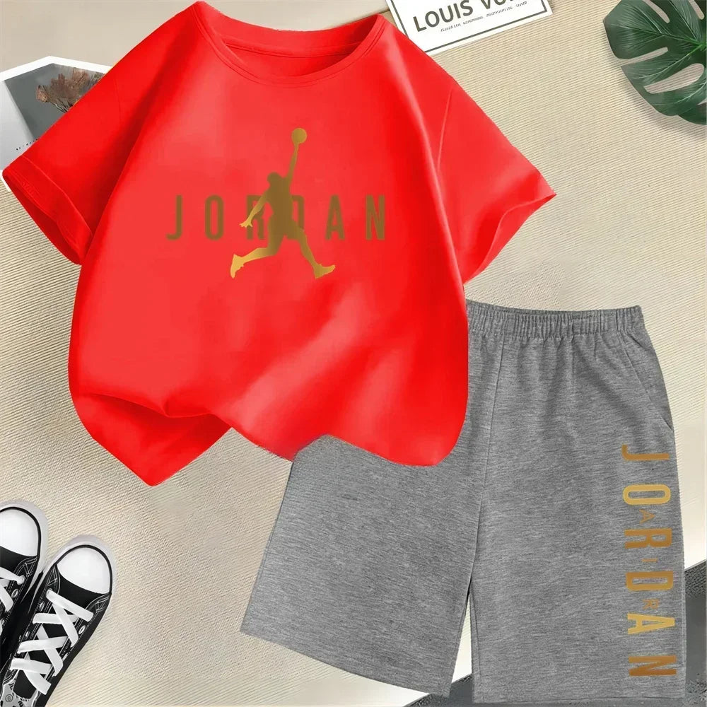 Children's 2Pc Fashion Summer Short Sleeve Set, Slam Dunk Master Pattern Print