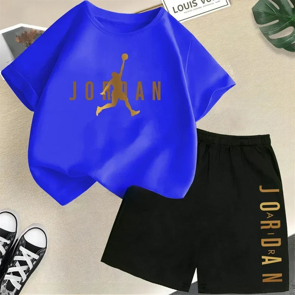 Children's 2Pc Fashion Summer Short Sleeve Set, Slam Dunk Master Pattern Print