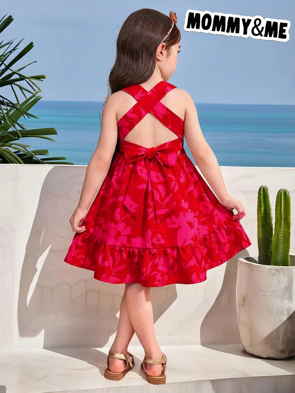 Girls Floral Print Tiered Dress with Cross-Back Bow & Elastic Waist for Summer